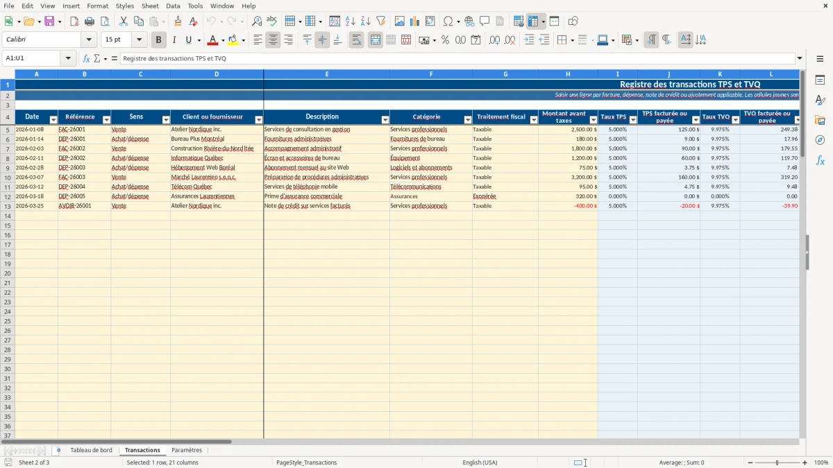 Capture 2 : feuille Transactions — modèle Excel suivi remises TPS TVQ Québec