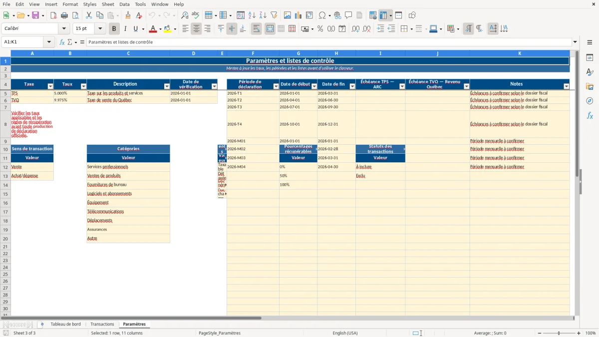 Capture 3 : feuille Paramètres — modèle Excel suivi remises TPS TVQ Québec