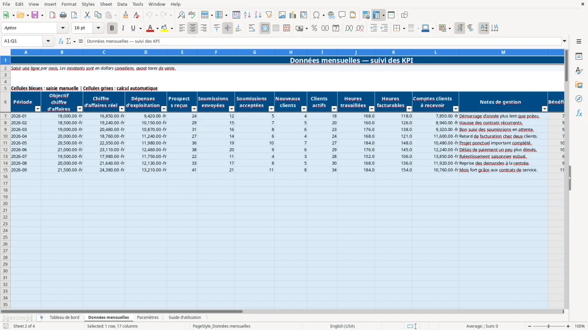 Capture 2 : feuille Données mensuelles — modèle Excel tableau de bord KPI PME
