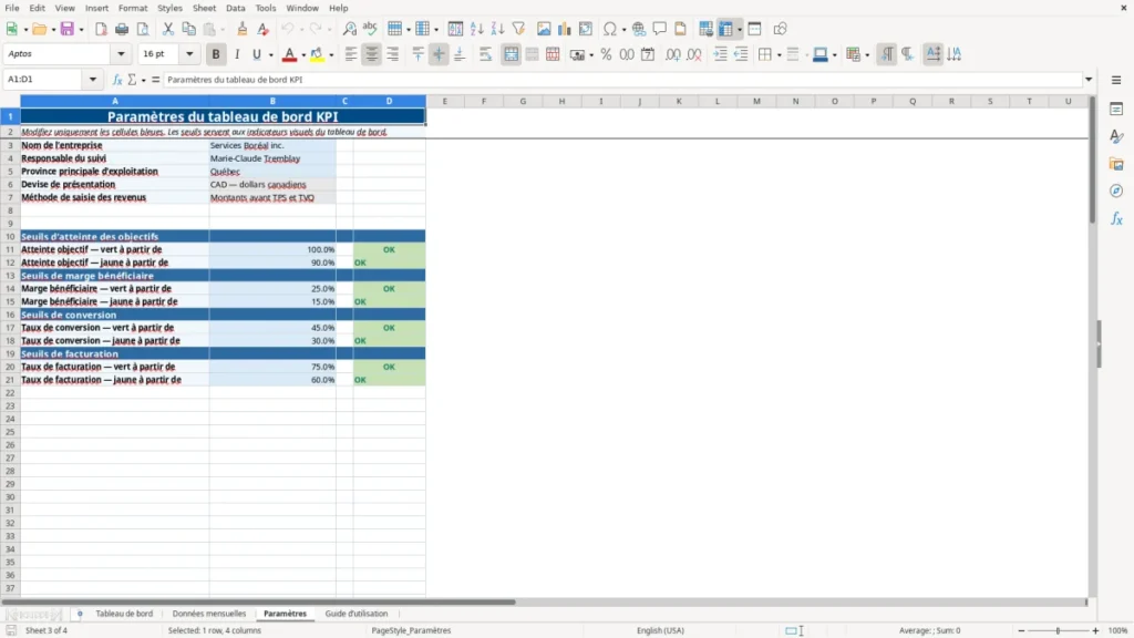 Aperçu de la feuille Paramètres du modèle Tableau de bord KPI PME Québec : Modèle Excel Gratuit 2026