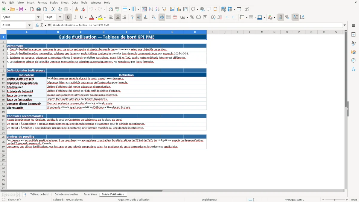 Capture 4 : feuille Guide d’utilisation — modèle Excel tableau de bord KPI PME