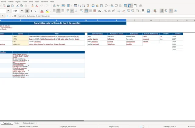 Capture 1 : feuille Paramètres — modèle Excel tableau de bord des ventes