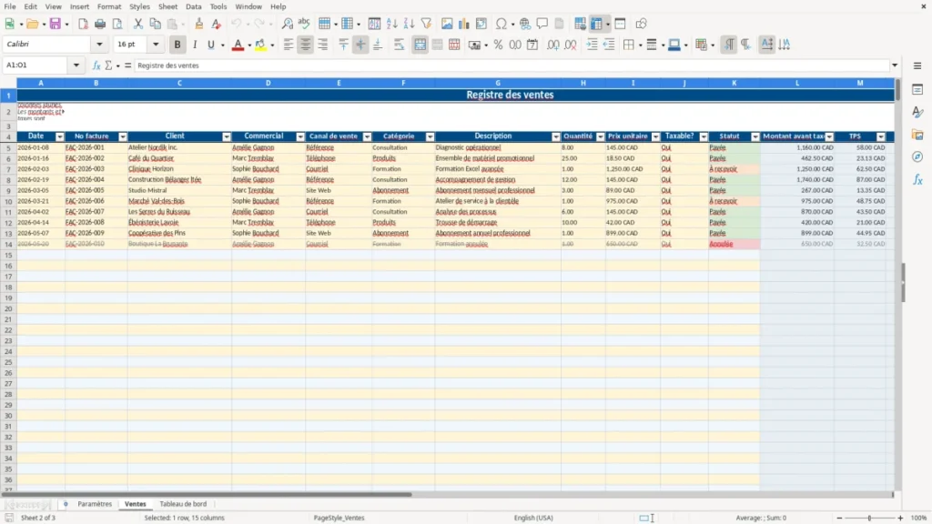 Aperçu de la feuille Ventes du modèle Tableau de bord des ventes Excel : Modèle Gratuit 2026