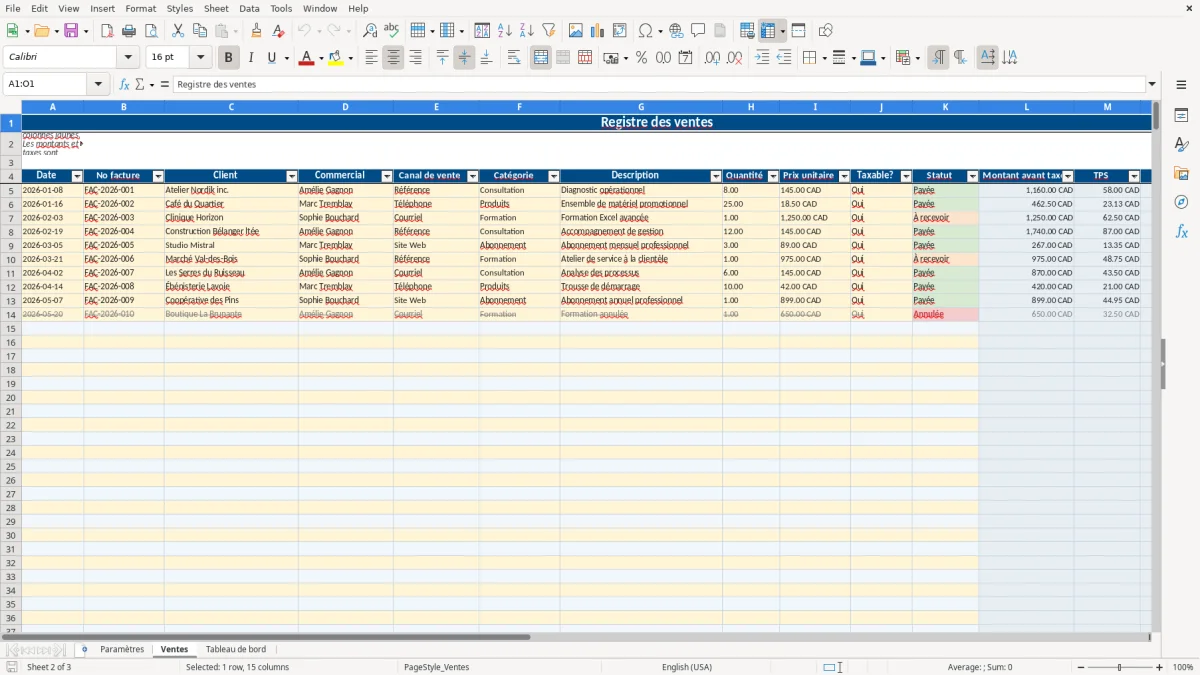 Capture 2 : feuille Ventes — modèle Excel tableau de bord des ventes