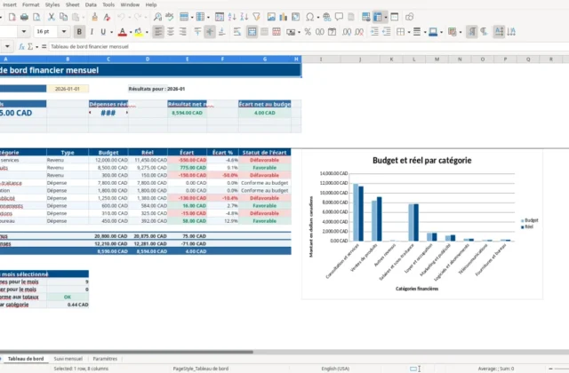 Capture 1 : feuille Tableau de bord — modèle Excel tableau de bord financier mensuel PME