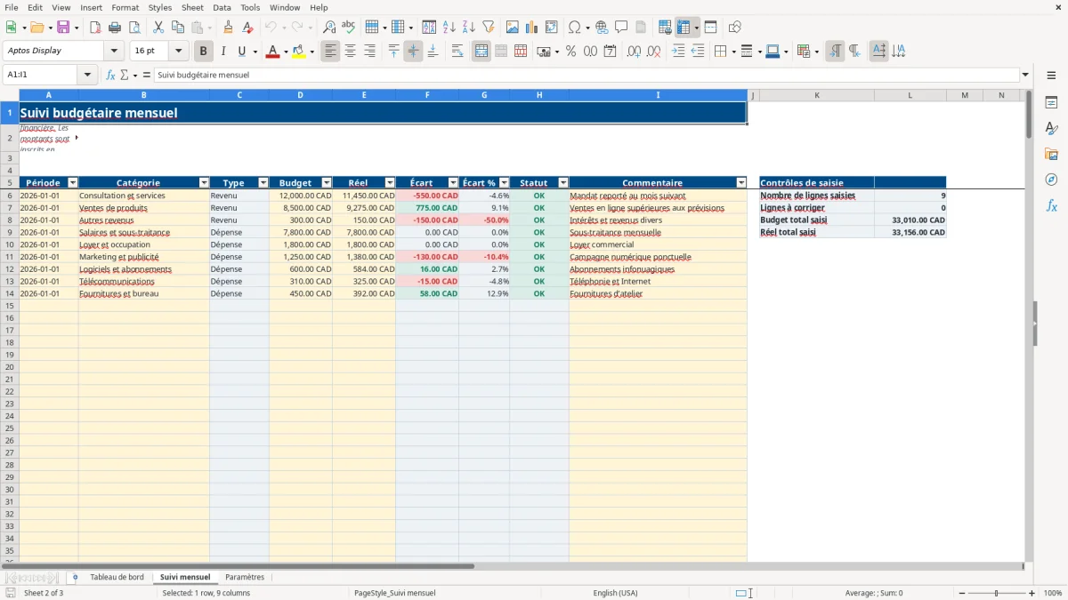 Capture 2 : feuille Suivi mensuel — modèle Excel tableau de bord financier mensuel PME