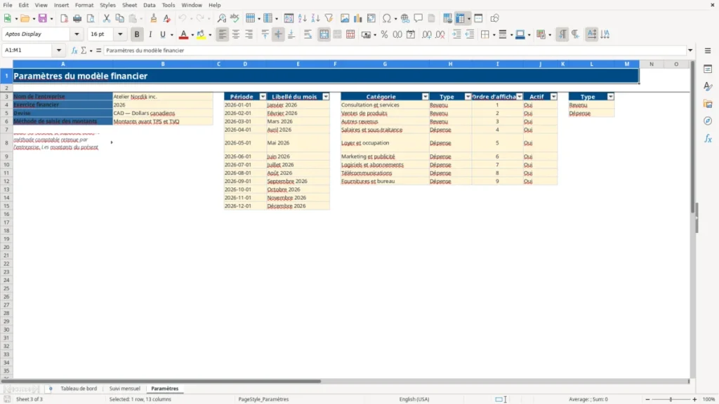 Aperçu de la feuille Paramètres du modèle Tableau de bord financier mensuel PME Québec : Modèle Excel Gratuit 2026